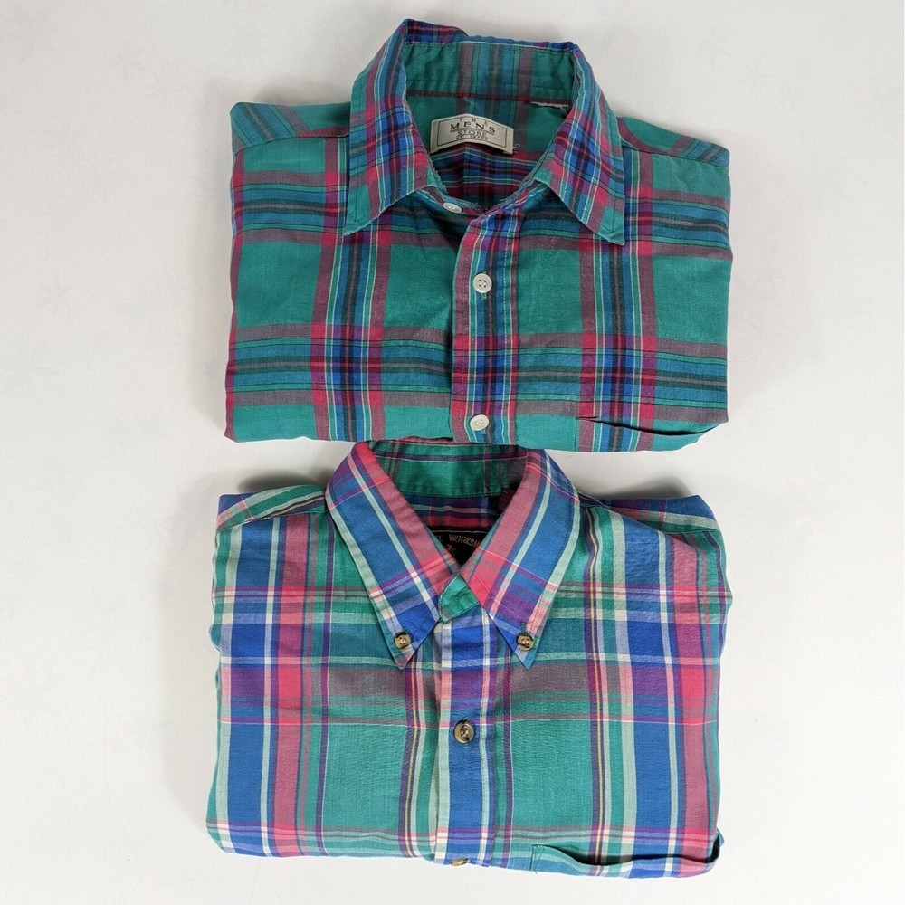 Vintage Mens Plaid Short Sleeve Shirts Sz Medium Lot Of 2 Teal Pink Lightweight